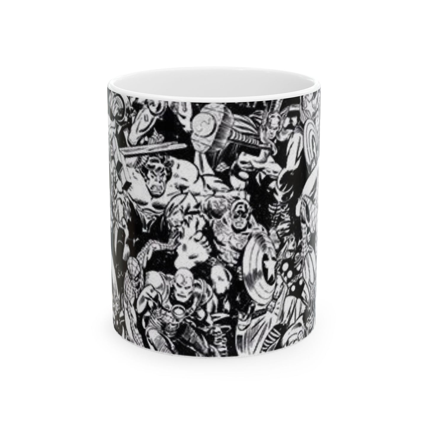 Superhero Ceramic Coffee Mug | Comic Book Art Cup, Marvel Fan Gift, Black and White Heroic Drinkware, Geeky Mug for Collectors