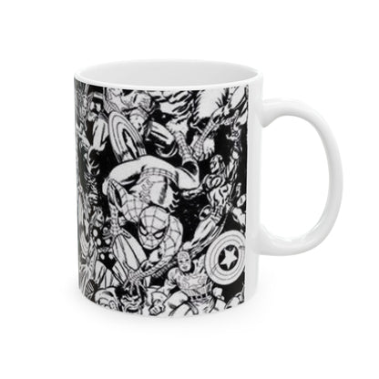 Superhero Ceramic Coffee Mug | Comic Book Art Cup, Marvel Fan Gift, Black and White Heroic Drinkware, Geeky Mug for Collectors
